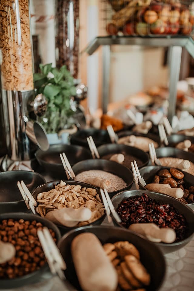Dried fruits and cereals at the breakfast buffet in restaurant seven's kitchen at hotel loj in Flachau